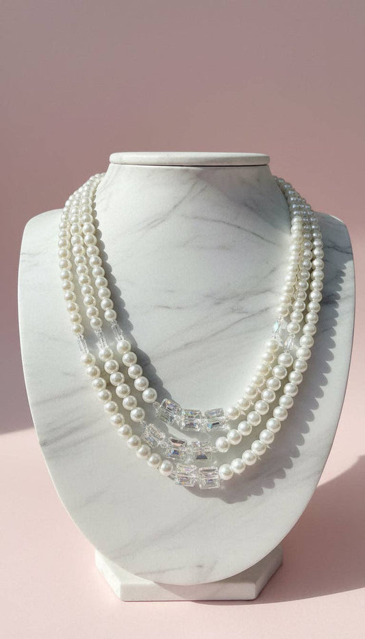 Square Crystal & Pearl Multi Layer Necklace & Earrings Set: White