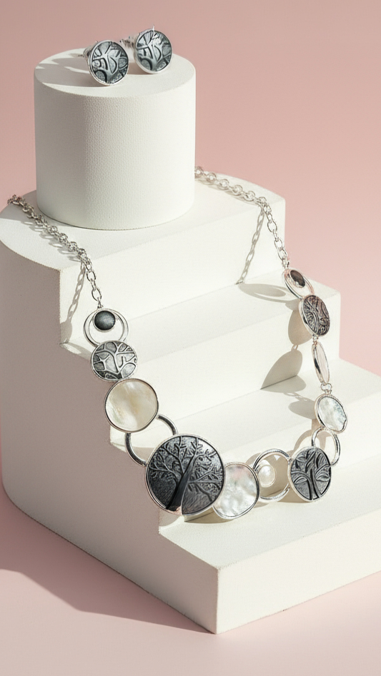Abstract Tree Of Life Necklace & Earrings Set: Black