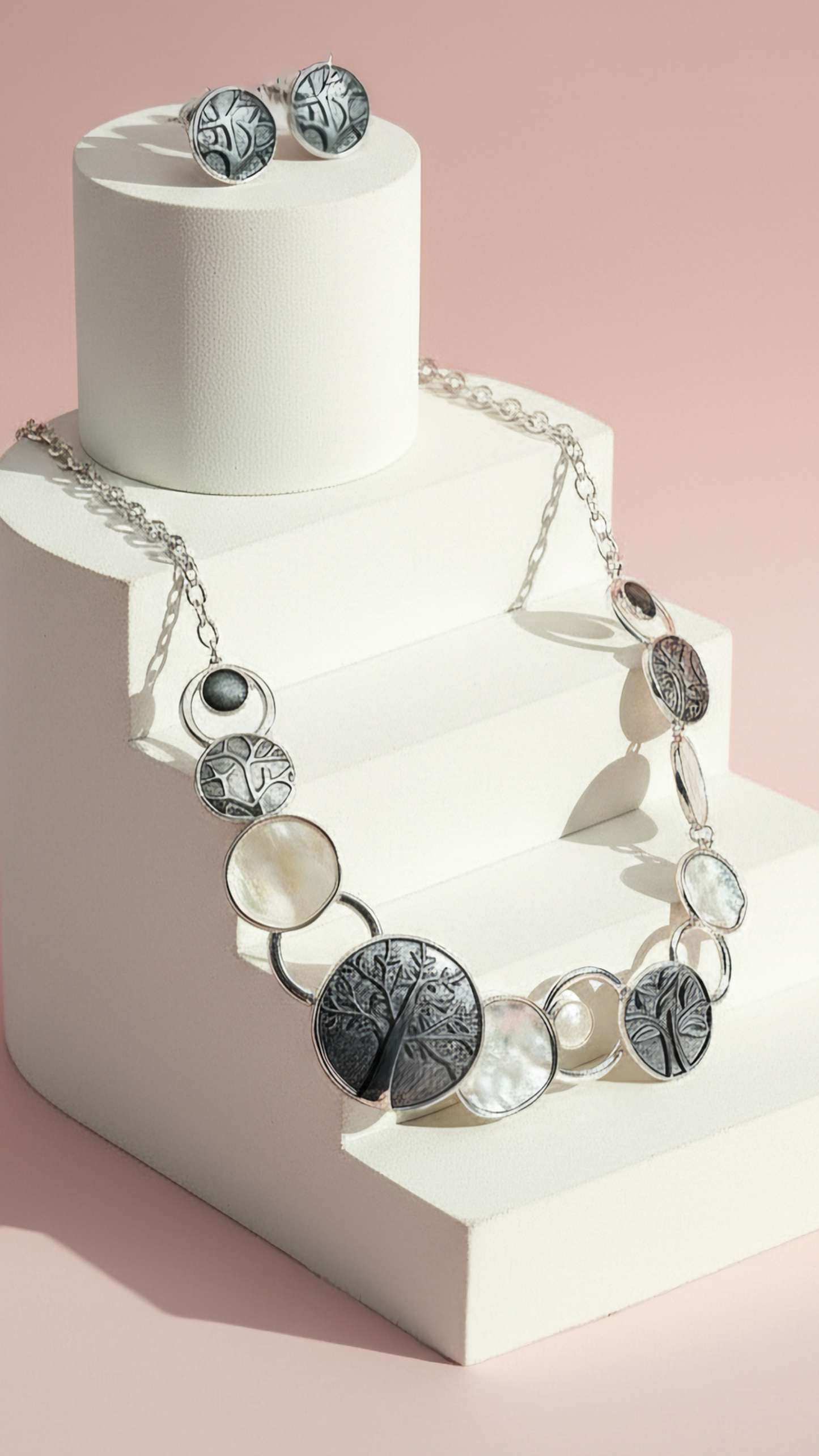 Abstract Tree Of Life Necklace & Earrings Set: White