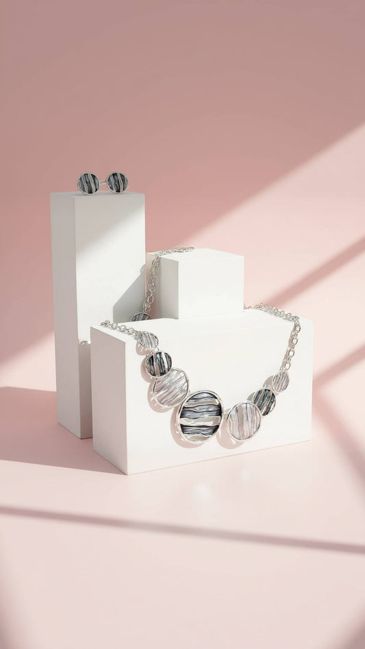 Abstract Circular Necklace & Earrings Set: Black