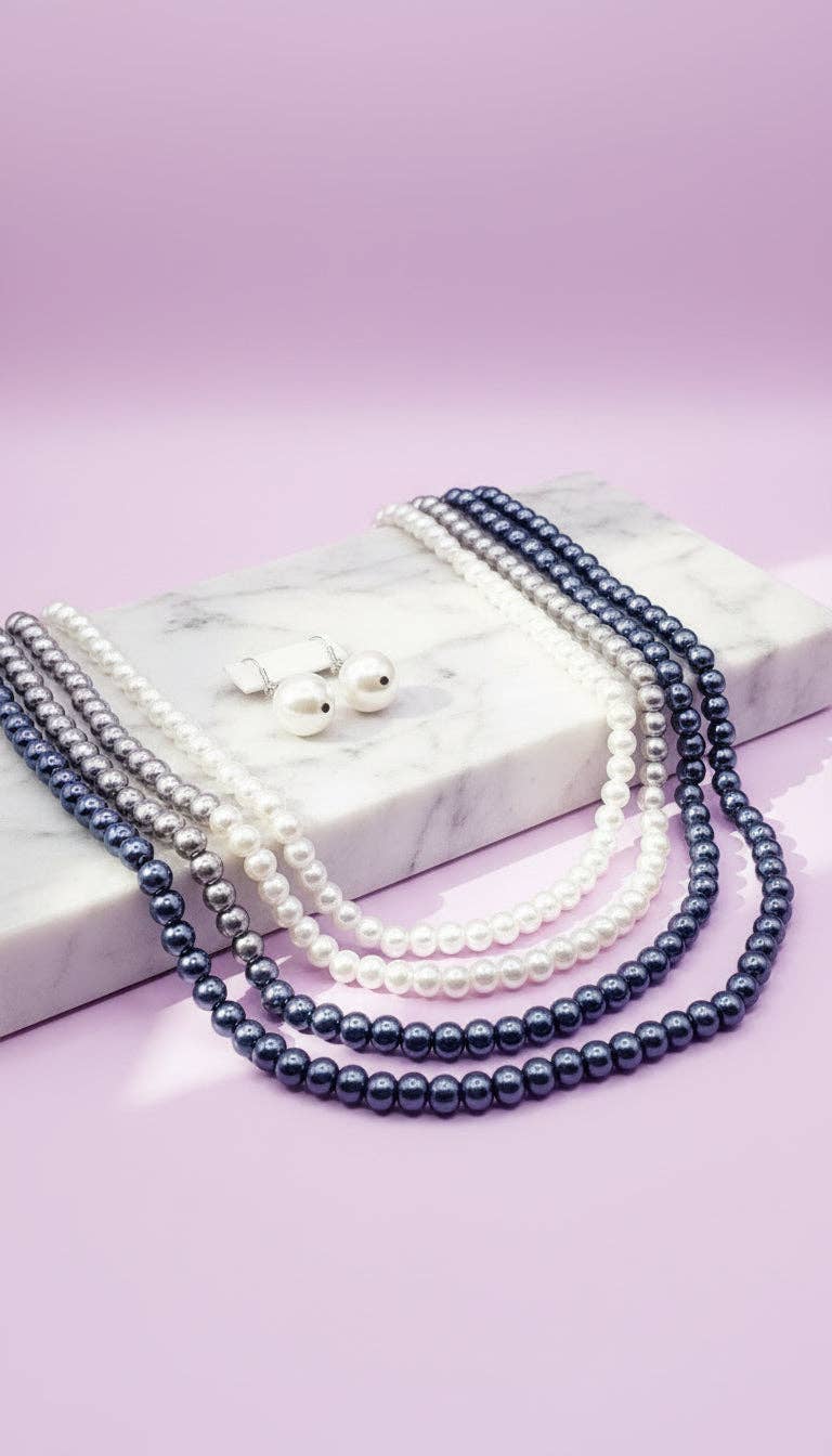 Pearl Multi Layer Necklace & Earrings Set: White