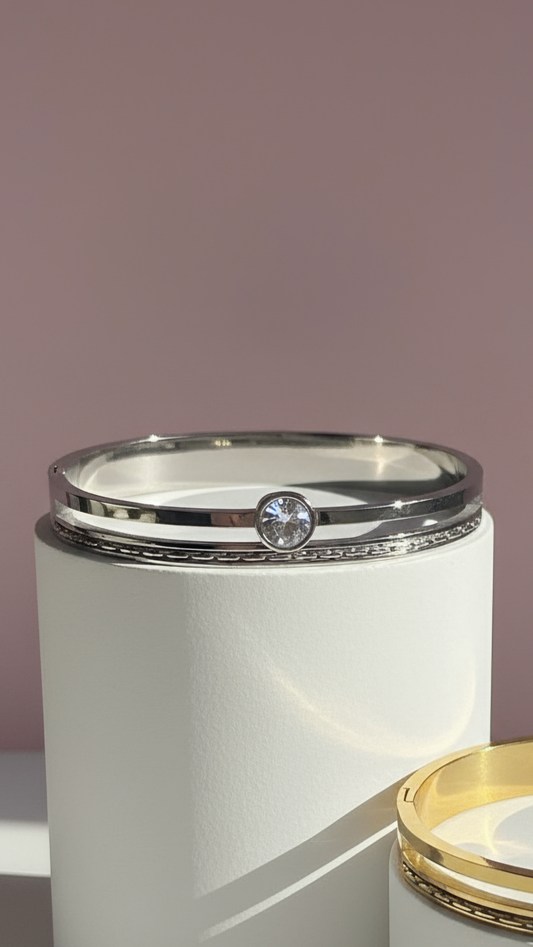Waterproof Stainless Steel Round Cut Crystal Bangle: Silver