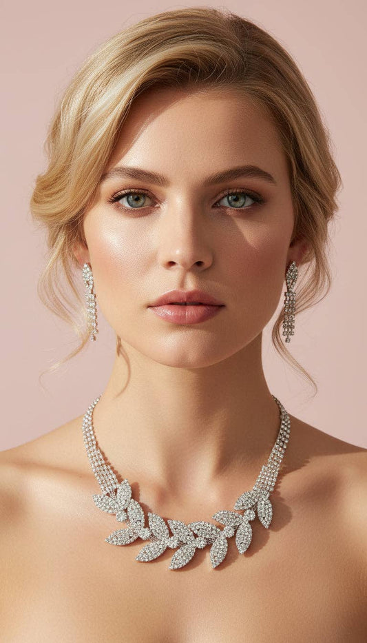 Botanical Vine Leaf Statement Crystal Statement Necklace & Earrings Set: White
