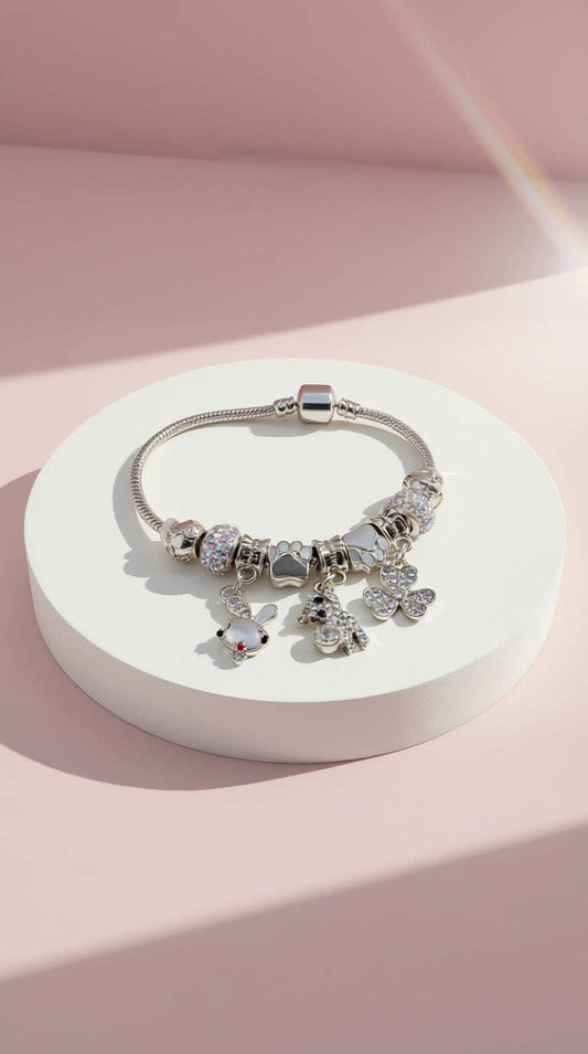 Paw Prints Crystal Charm Beaded Bracelet: Silver