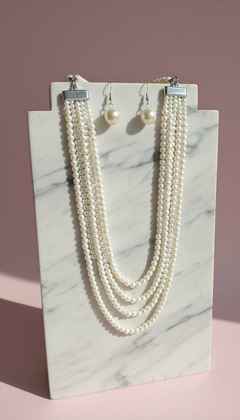 Pearl Multi Layer Necklace & Earrings Set: White