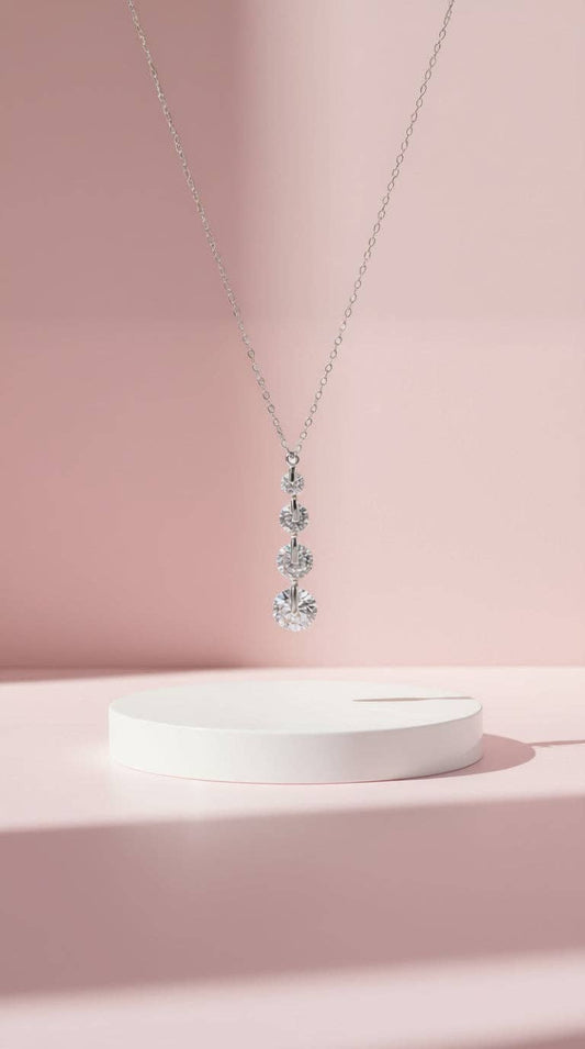 Layered Circular Gem Link Crystal Pendant Necklace: Silver