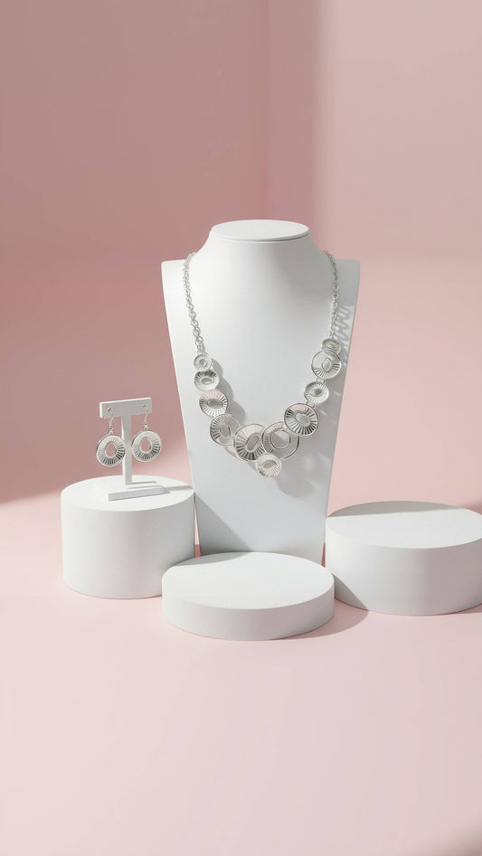 Abstract Oval Necklace & Earrings Set: White