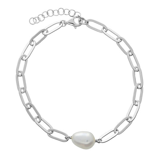 Sterling Silver Paper Clip Pearl Bracelet