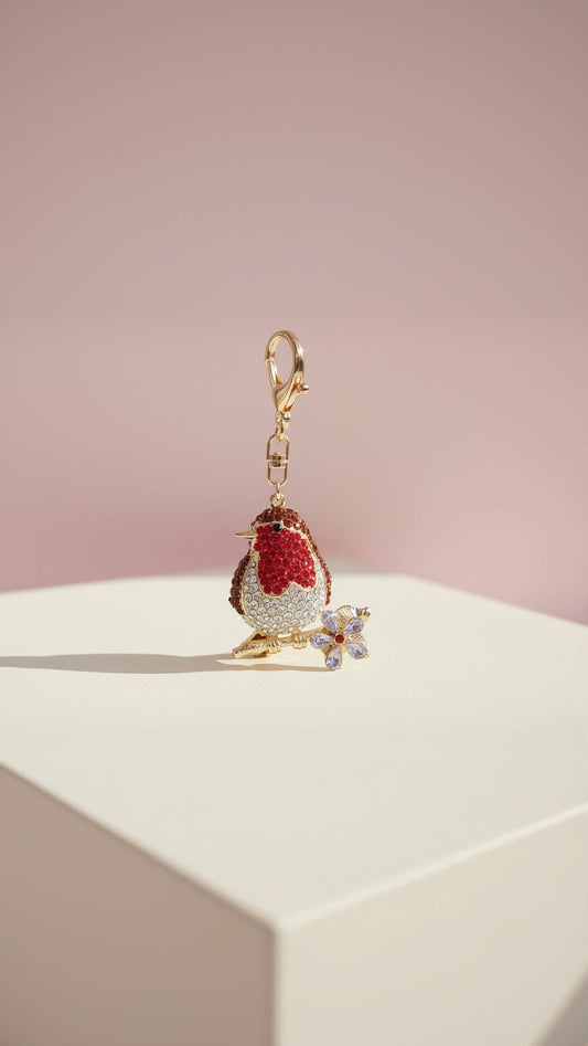 Robin Festive Crystal Key Ring & Bag Charm: Red