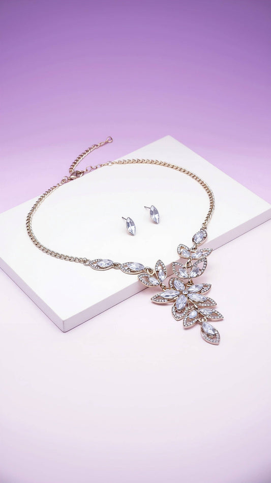 Flower Crystal Necklace & Earrings Set: Navy