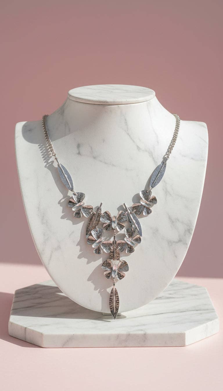 Silver Butterfly Statement Crystal Necklace: Silver