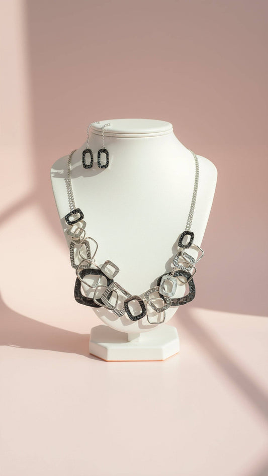 Abstract Square Necklace & Earrings Set: Black