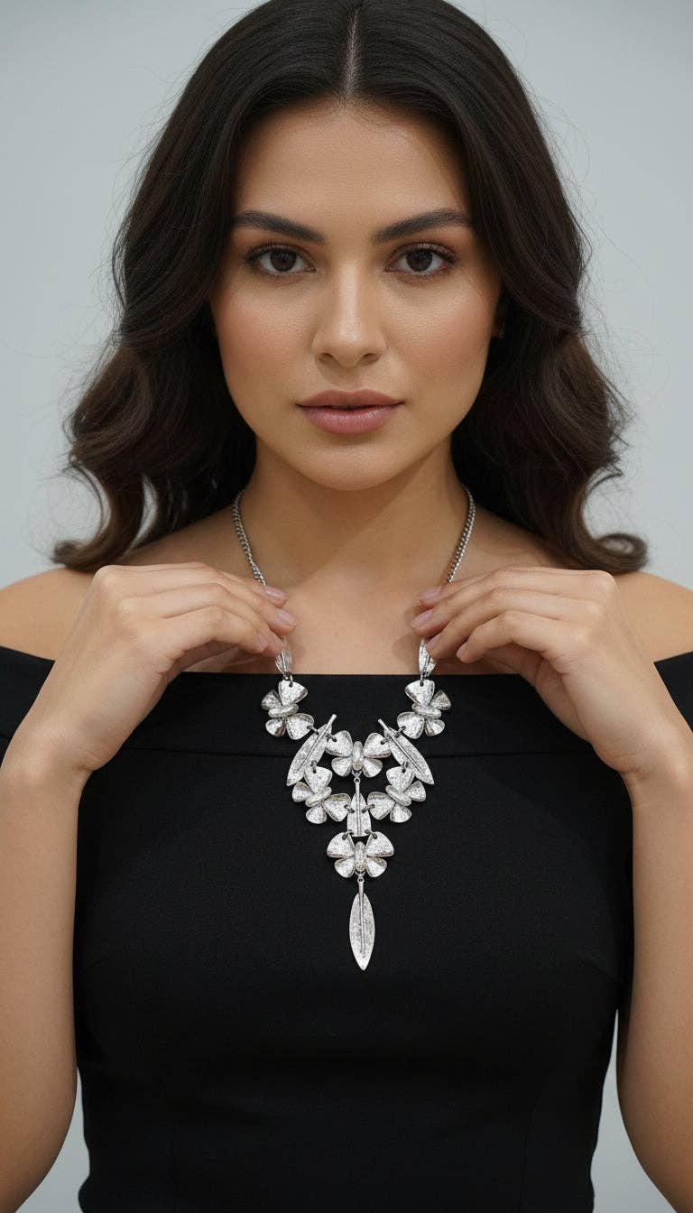 Silver Butterfly Statement Crystal Necklace: Silver
