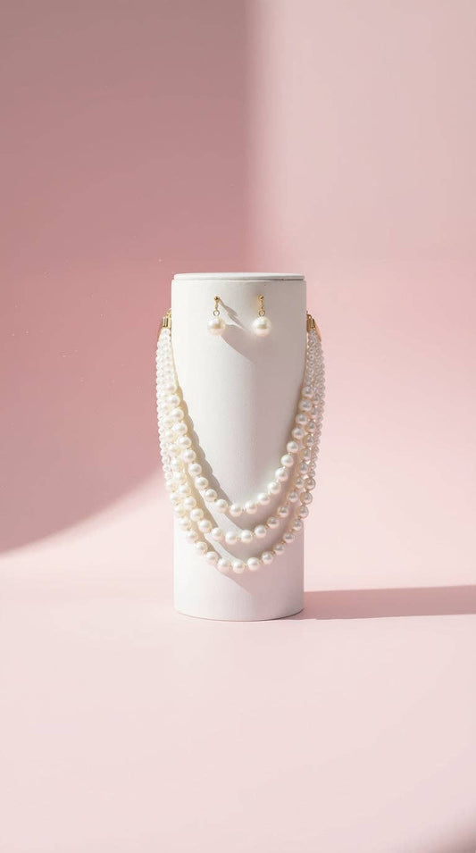Pearl Multi Layer Necklace & Earrings Set: White