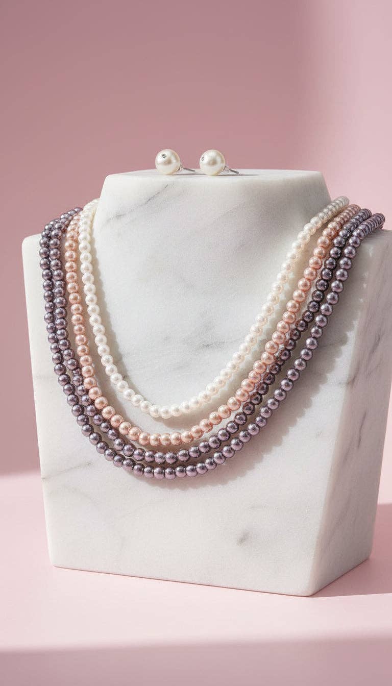 Pearl Multi Layer Necklace & Earrings Set: White