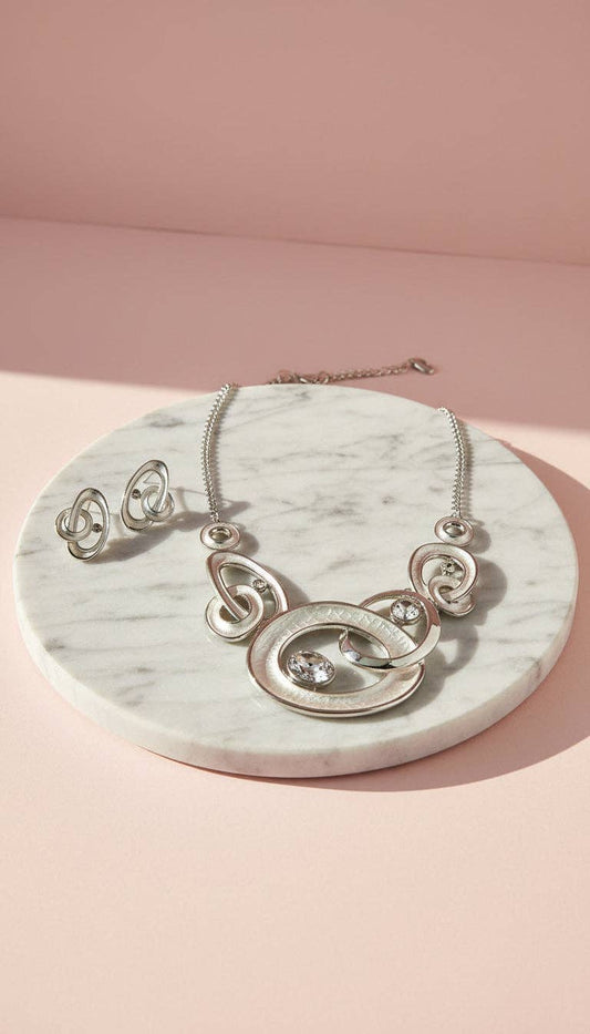 Abstract Oval Crystal Necklace & Earrings Set: White